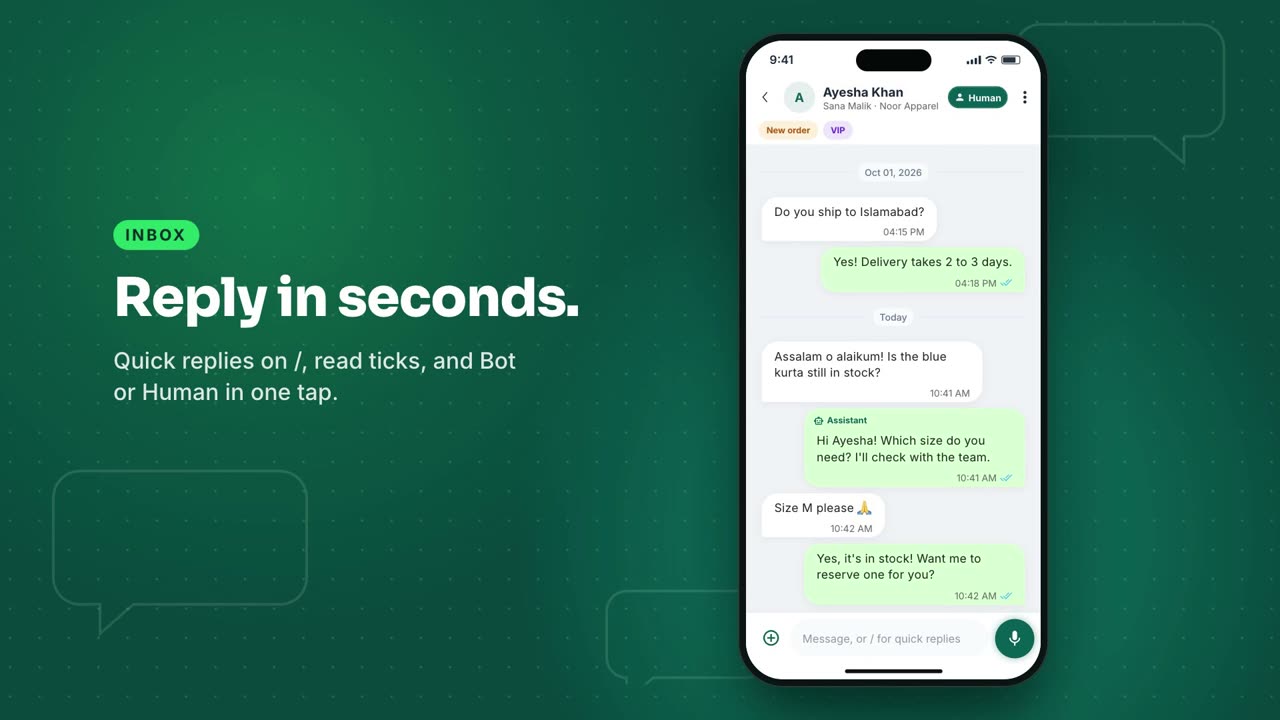 The ReploChat mobile app showing a WhatsApp team inbox on a phone